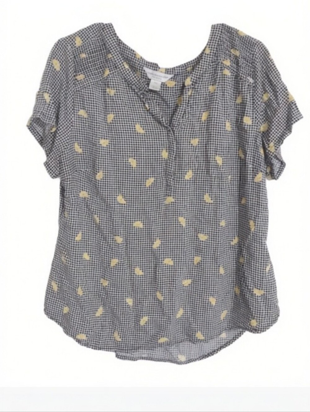 Christopher & Banks Women Size XLP Gingham‎ Lemon Print Popover Blouse Classic